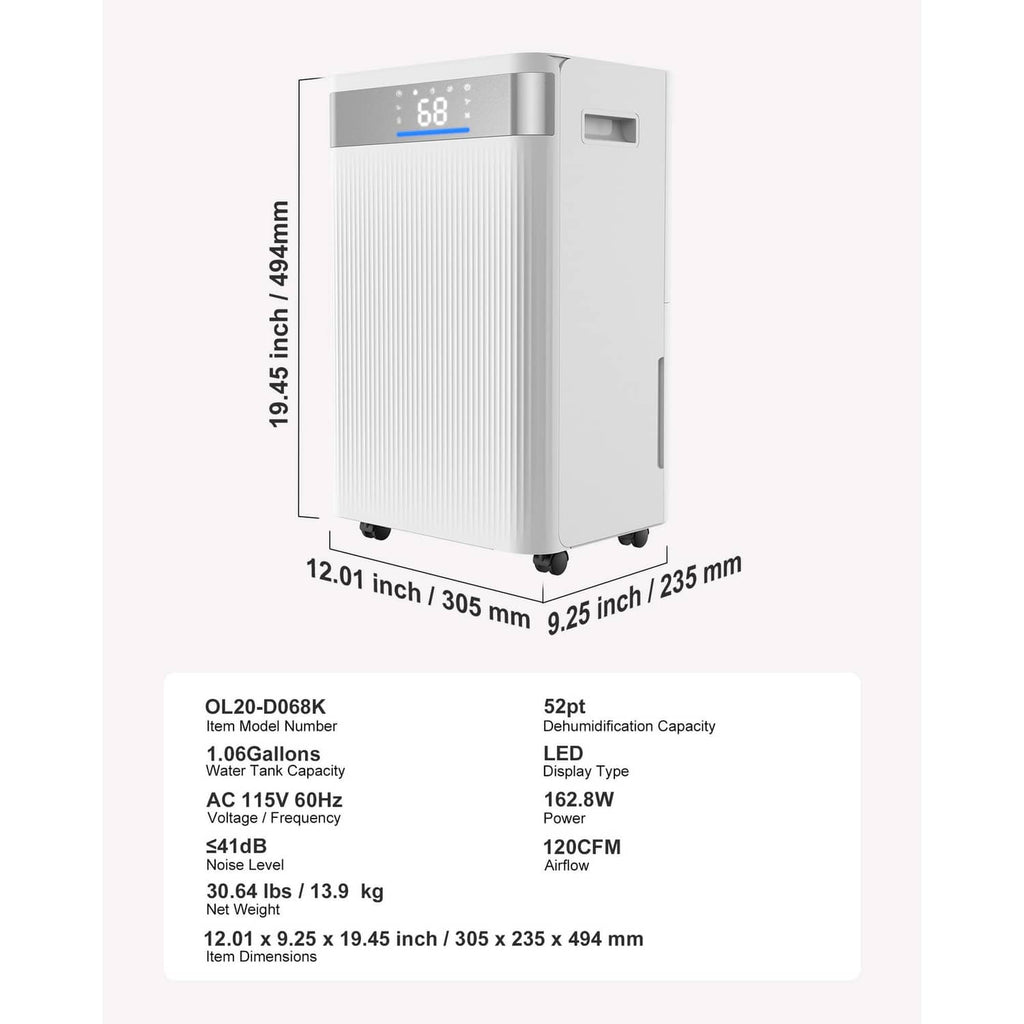 White dehumidifier with side handle and top LED display; product size diagram