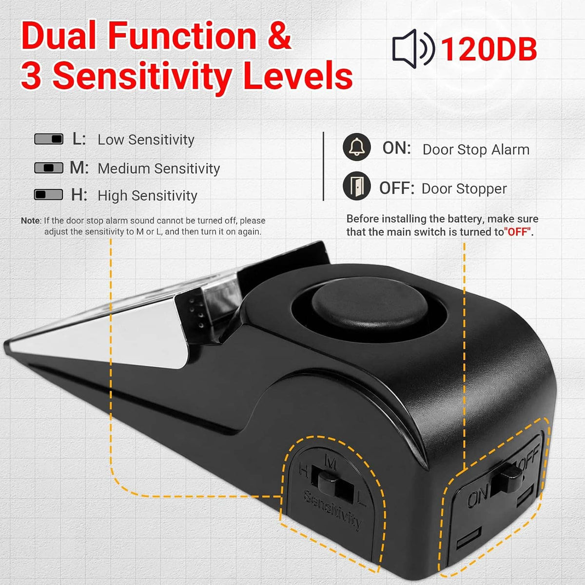 Black door stop alarm wedge with top control dial and side sensitivity switch