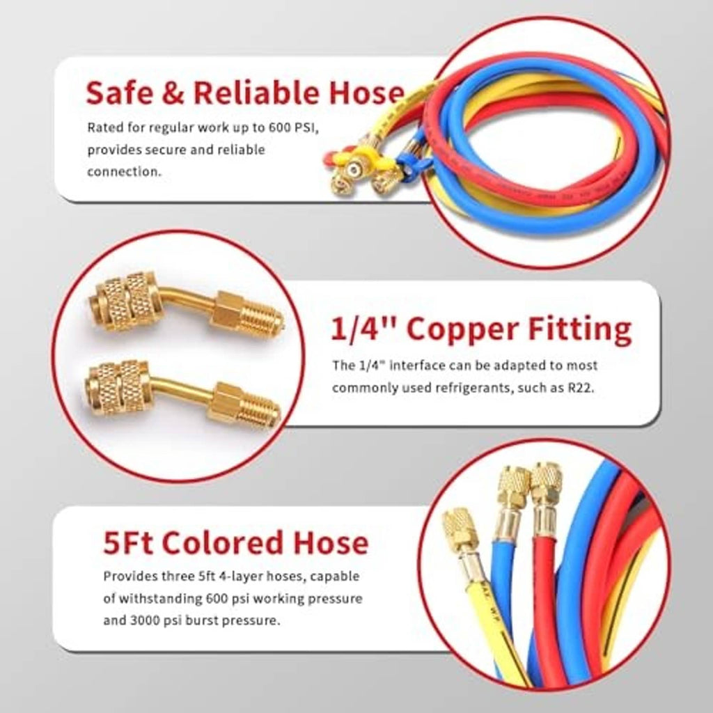 Colorful 5 ft refrigerant hose set with 1/4 in copper fittings and brass adapters