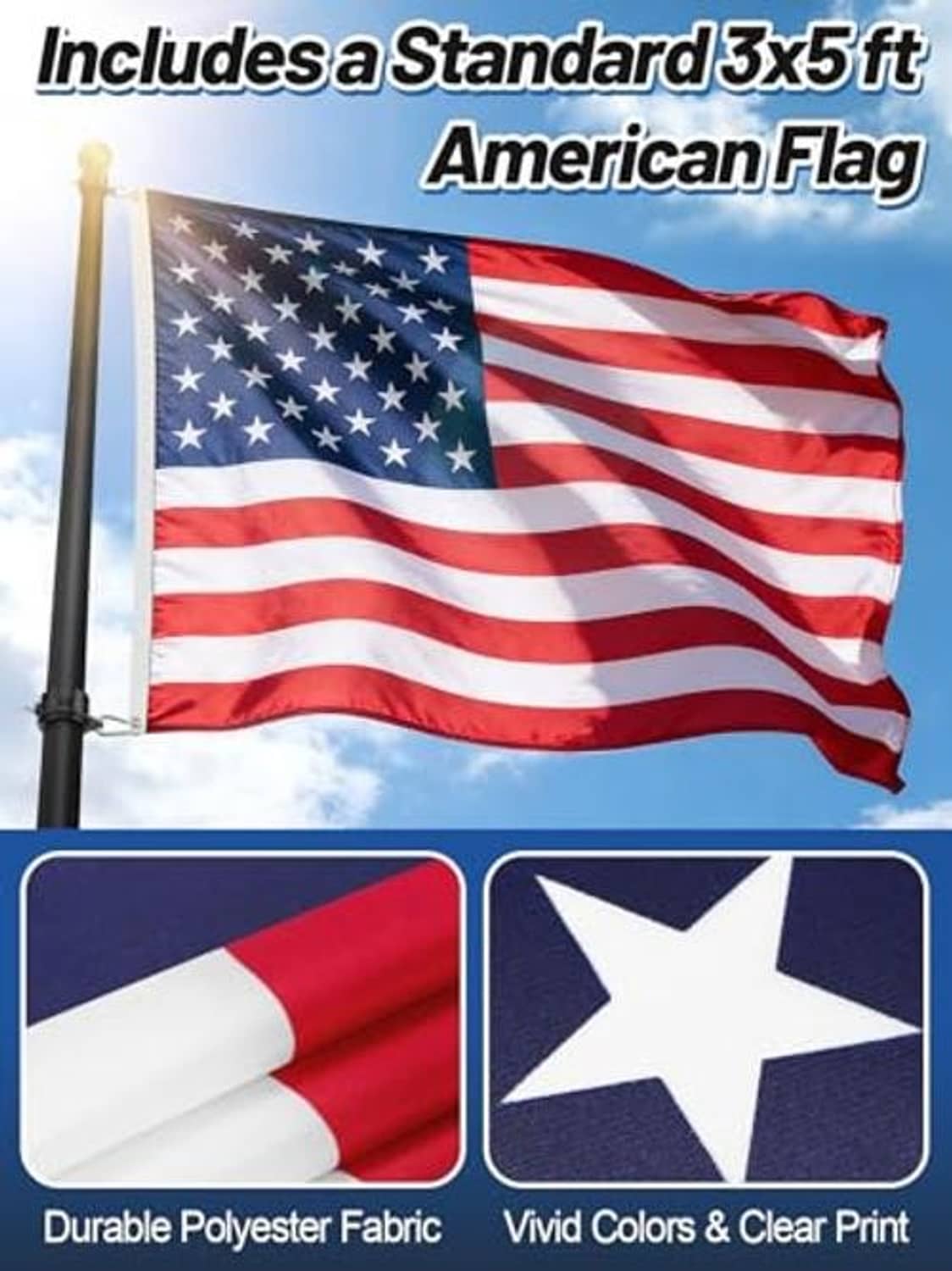American flag included with durable polyester fabric and vibrant red, white, and blue