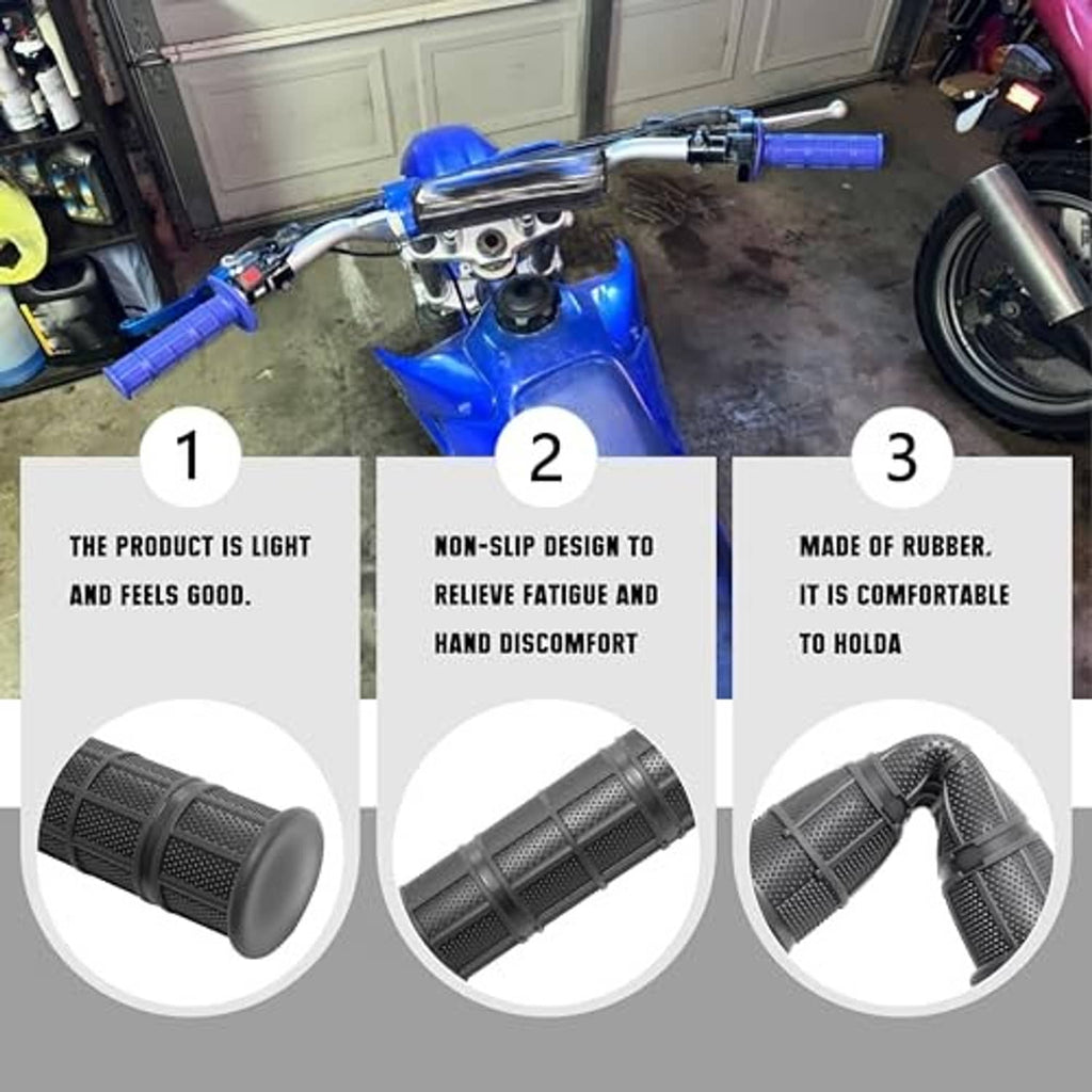 Motorcycle throttle grip set with textured black grips and blue handle