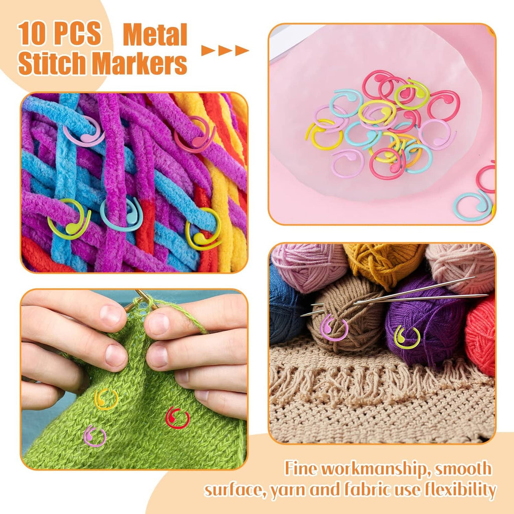 Rainbow metal stitch marker rings set with multiple loop markers for crochet