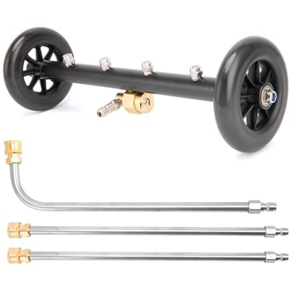 Undercarriage pressure washer attachment kit with two wands, black wheels, and brass fittings