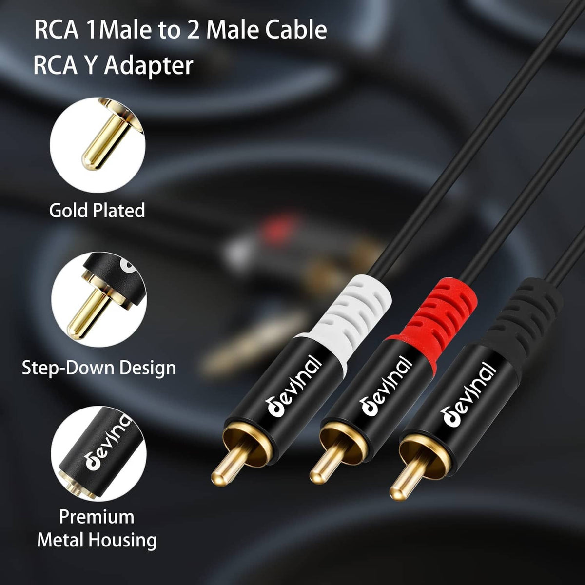 RCA 1 male to 2 male Y-adapter cable with gold-plated RCA plugs, black and red