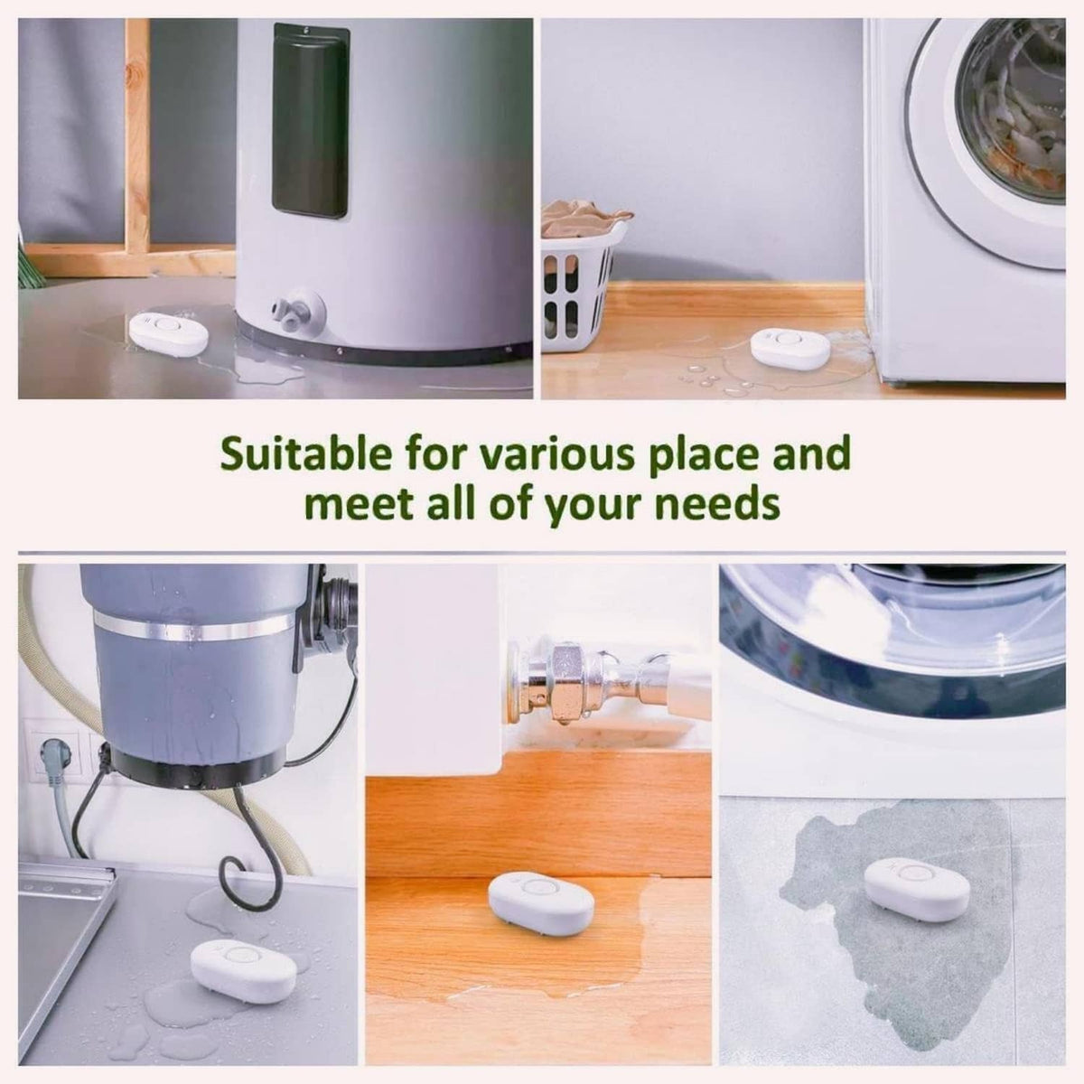 White water leak detector alarms for use near plumbing, floors, and appliances