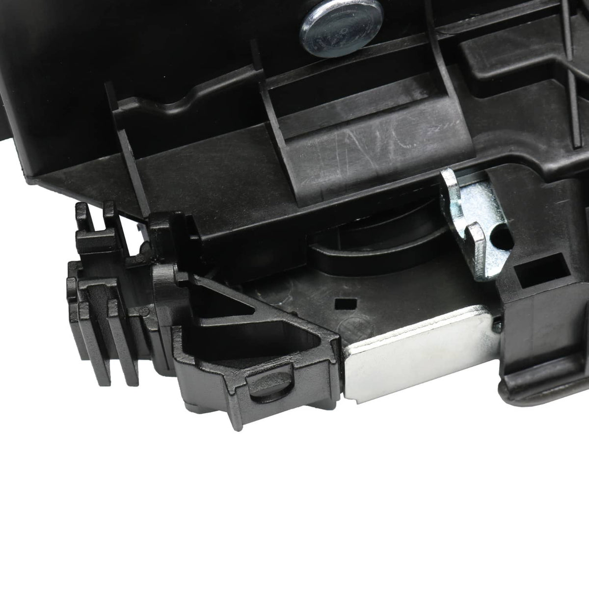Close-up of power door lock latch actuator latch mechanism and metal bracket
