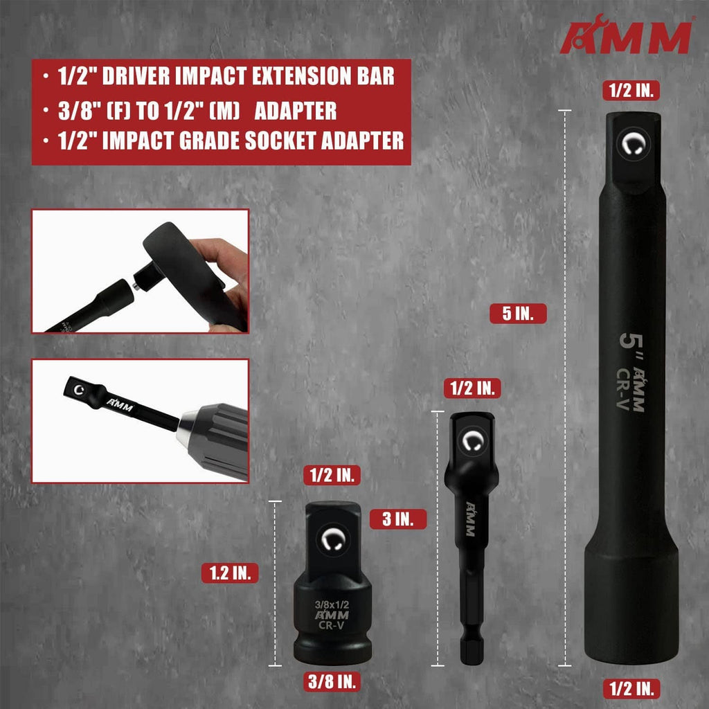 Black 1/2 in drive impact extension bar and socket adapters set