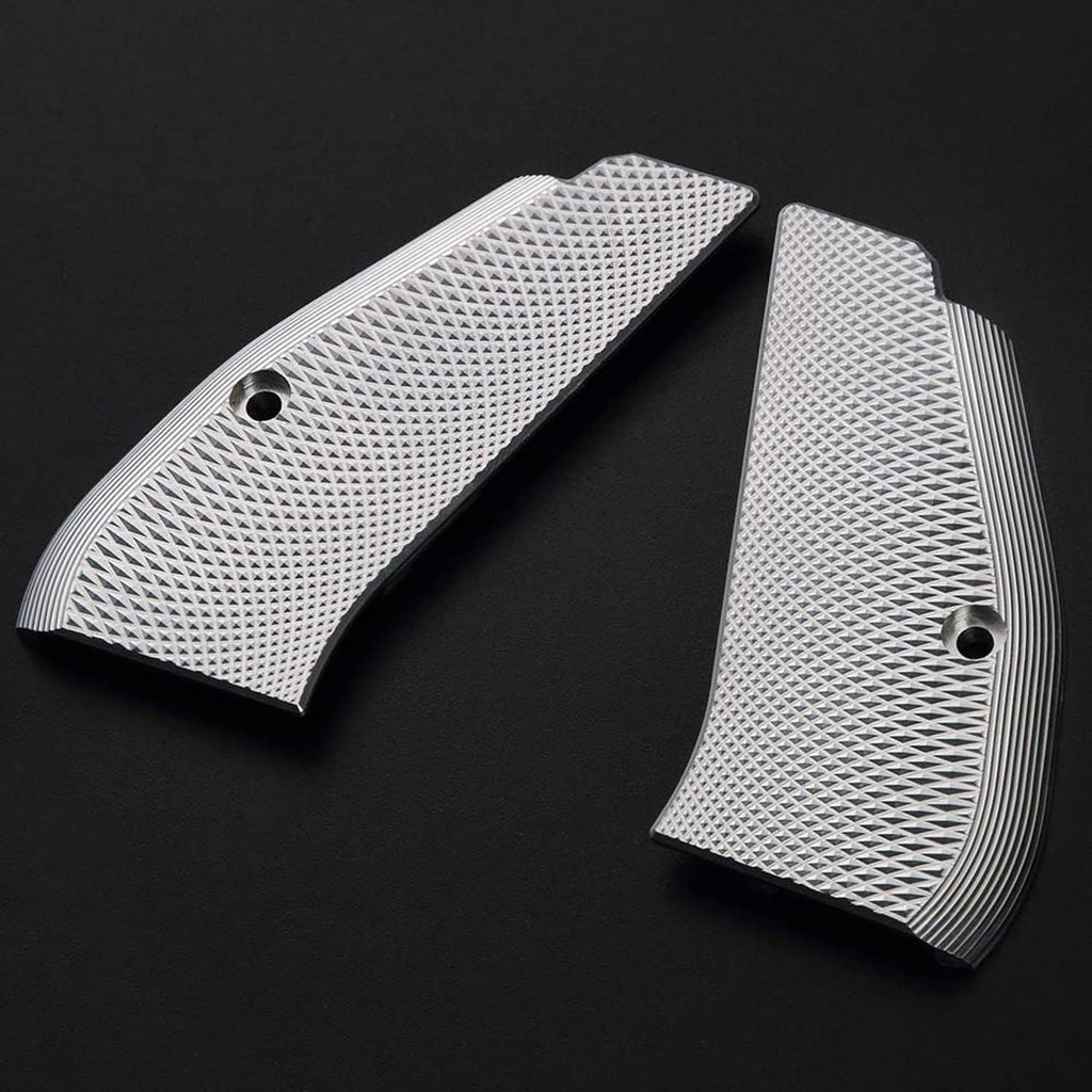 Two aluminum pistol grip panels with diamond checkered texture, silver finish and black screws