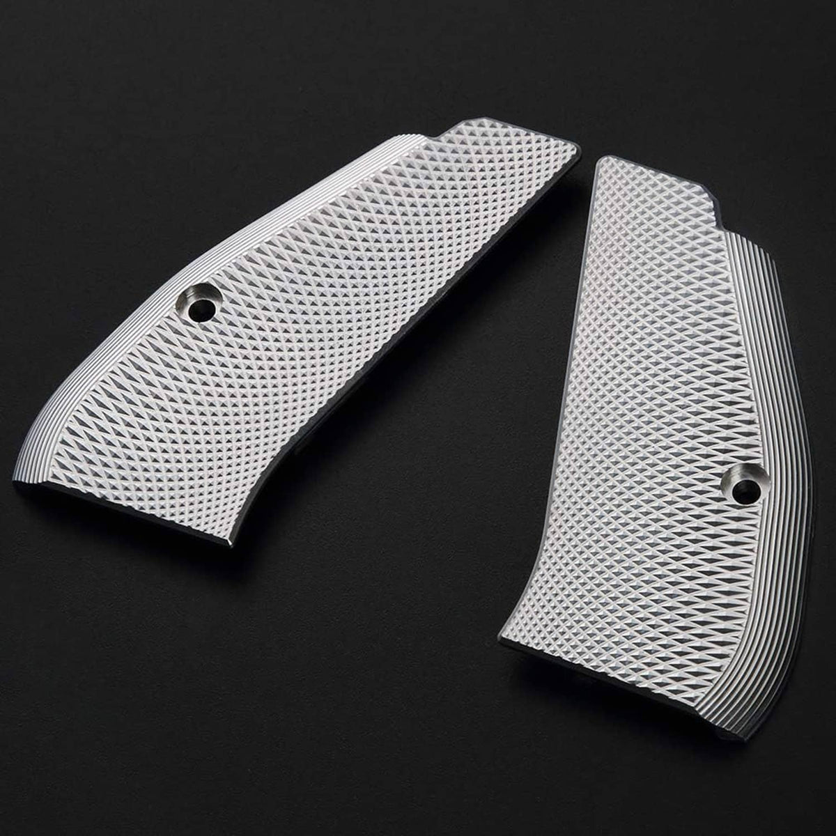 Two aluminum pistol grip panels with diamond checkered texture, silver finish and black screws