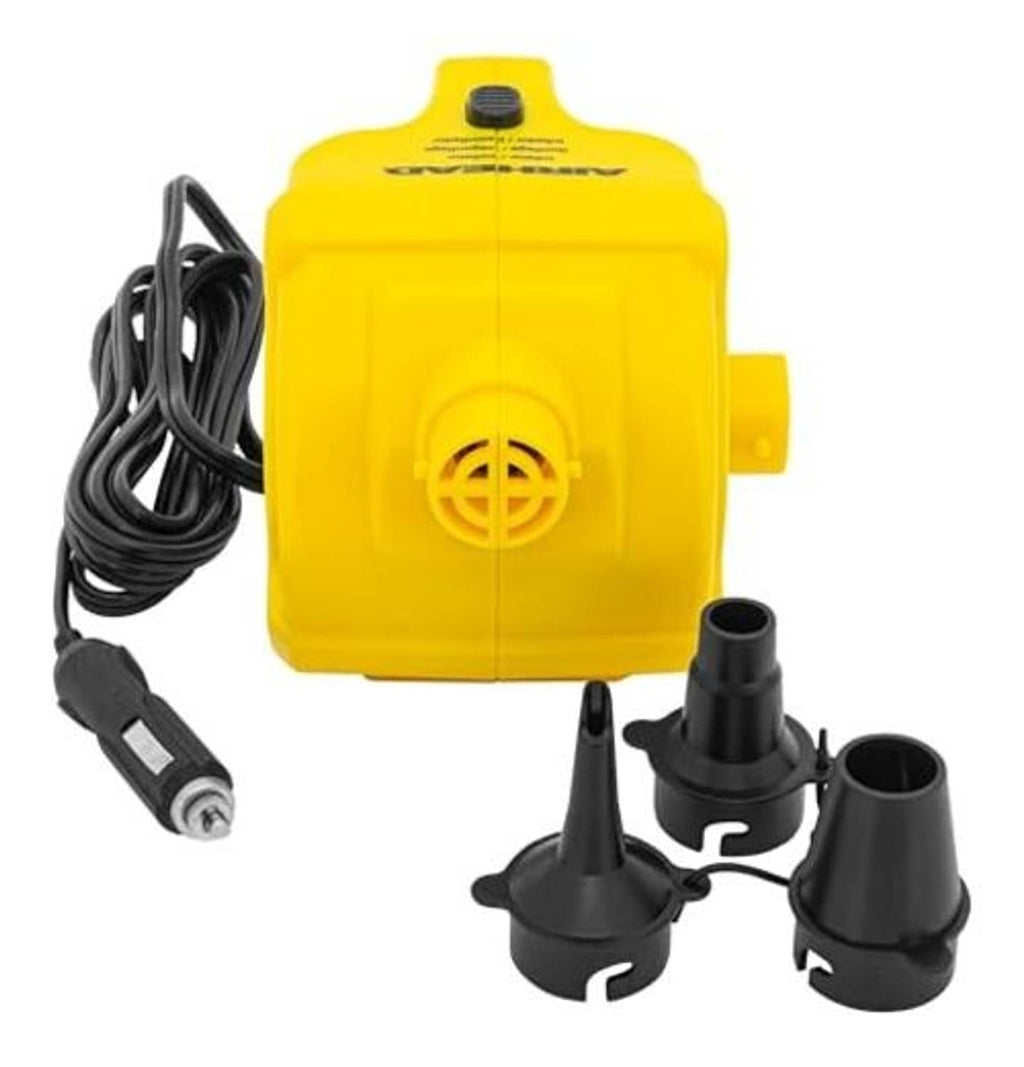 Yellow 12V air pump with vent grille, power cord, and three black nozzle fittings