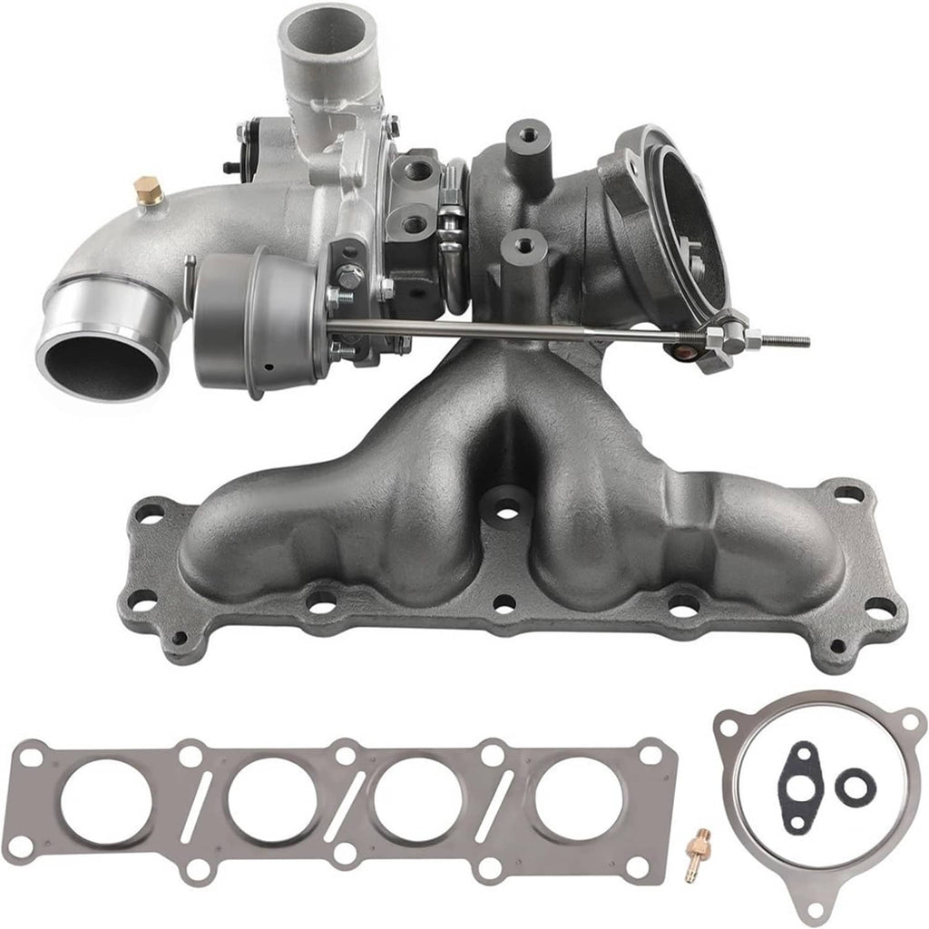 Turbocharger assembly with gaskets shown below, dark cast manifold and silver housings
