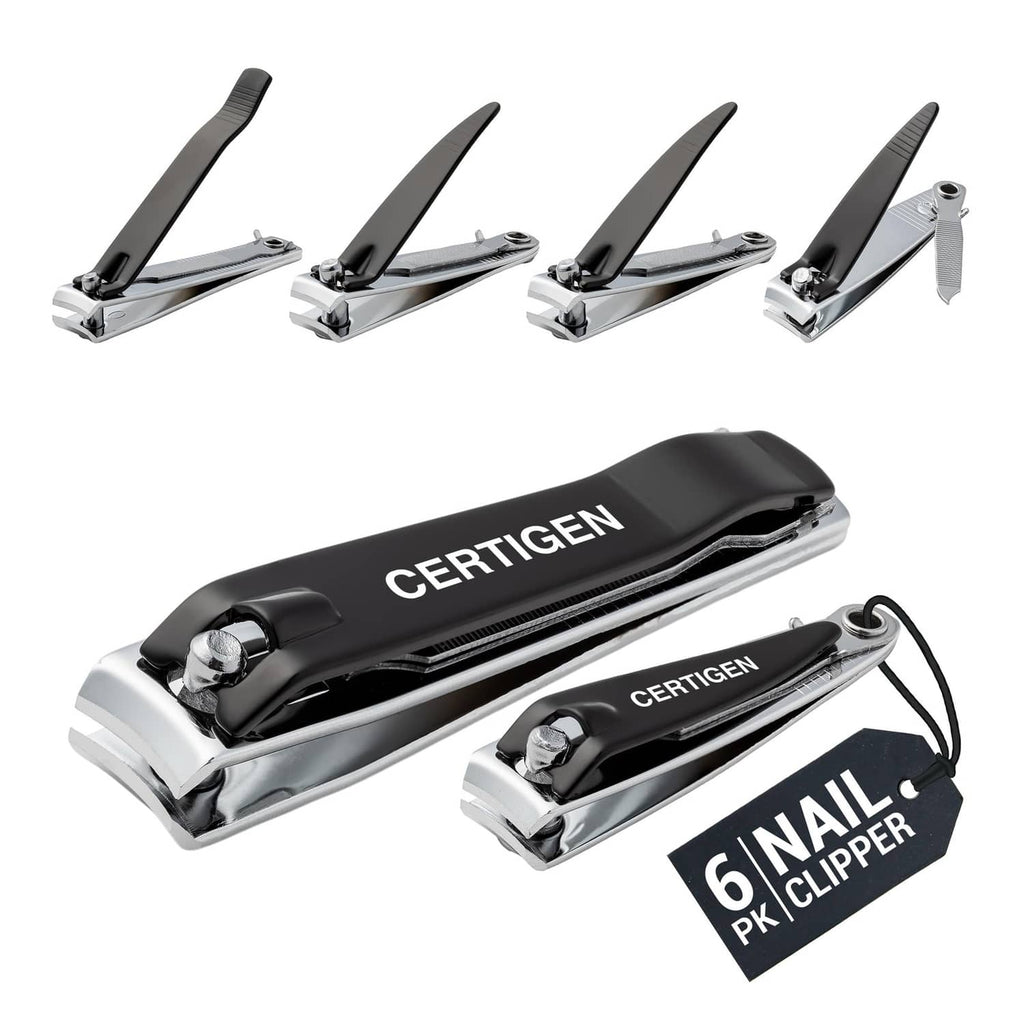Six metal nail clippers with black grips, compact set and carrying tag