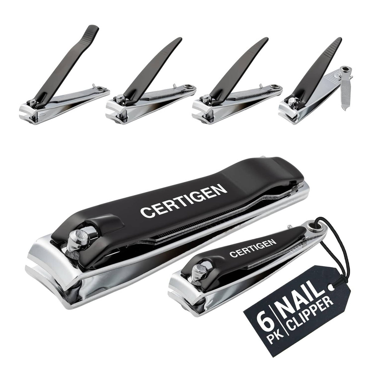 Six metal nail clippers with black grips, compact set and carrying tag