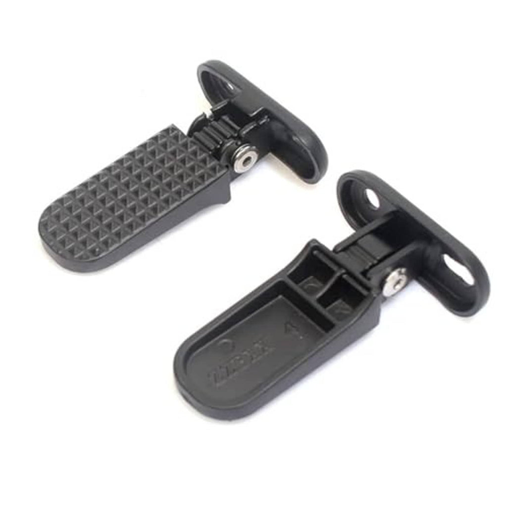 Pair of black rear passenger footrest pedals with textured grip surfaces