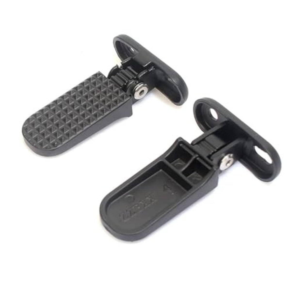 Pair of black rear passenger footrest pedals with textured grip surfaces