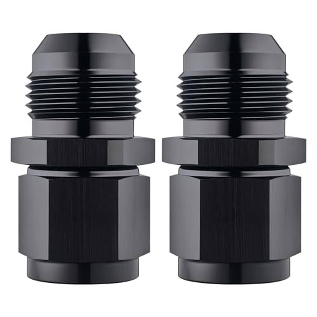 Black AN flare expander fitting adapter pair with ribbed threads and hex coupling.