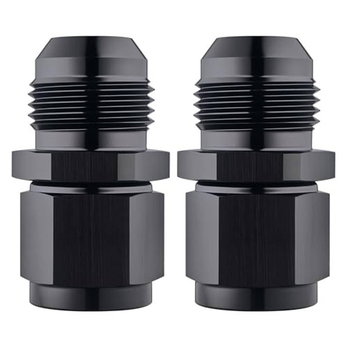 Black AN flare expander fitting adapter pair with ribbed threads and hex coupling.