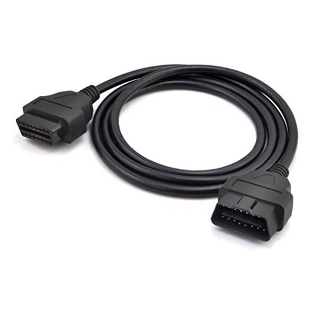 OBD diagnostic extension cable with male and female 16-pin connectors, black.
