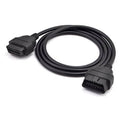 OBD diagnostic extension cable with male and female 16-pin connectors, black.