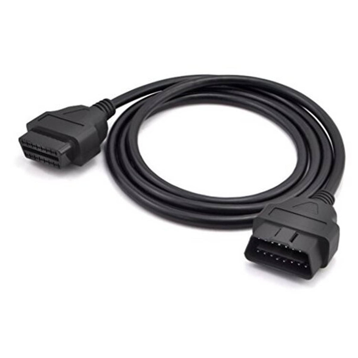 OBD diagnostic extension cable with male and female 16-pin connectors, black.