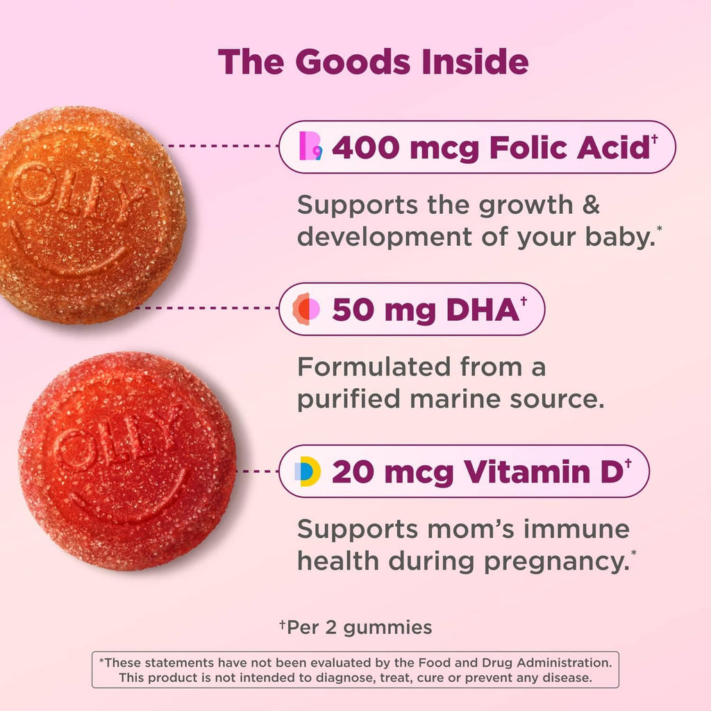 Close-up gummy ingredients callouts: 400 mcg folic acid, 50 mg DHA, 20 mcg vitamin D