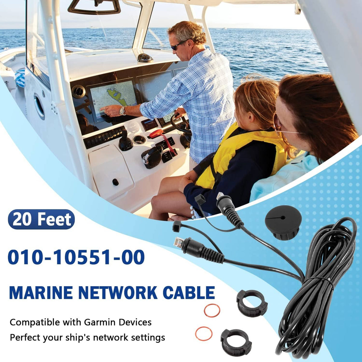 Marine network cable with RJ45 plug ends and split connector for onboard setup