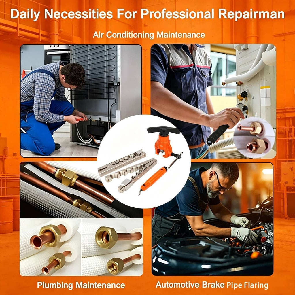 Copper flaring tool kit with orange lever, die plates, and tube forming guides