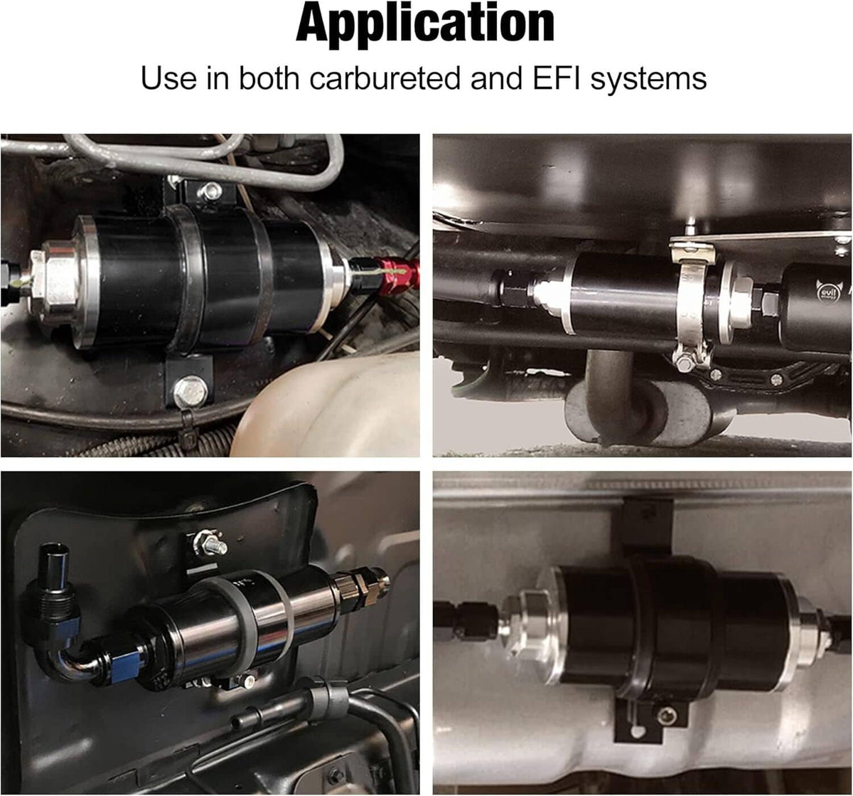 Inline fuel filter installed with AN fittings and hoses in an engine bay