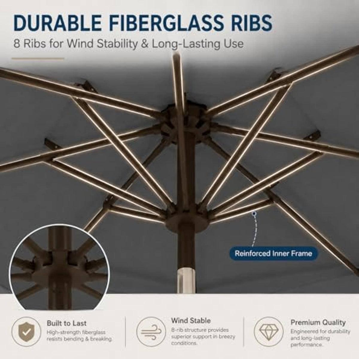 3-tier umbrella frame showing durable fiberglass ribs and reinforced inner frame