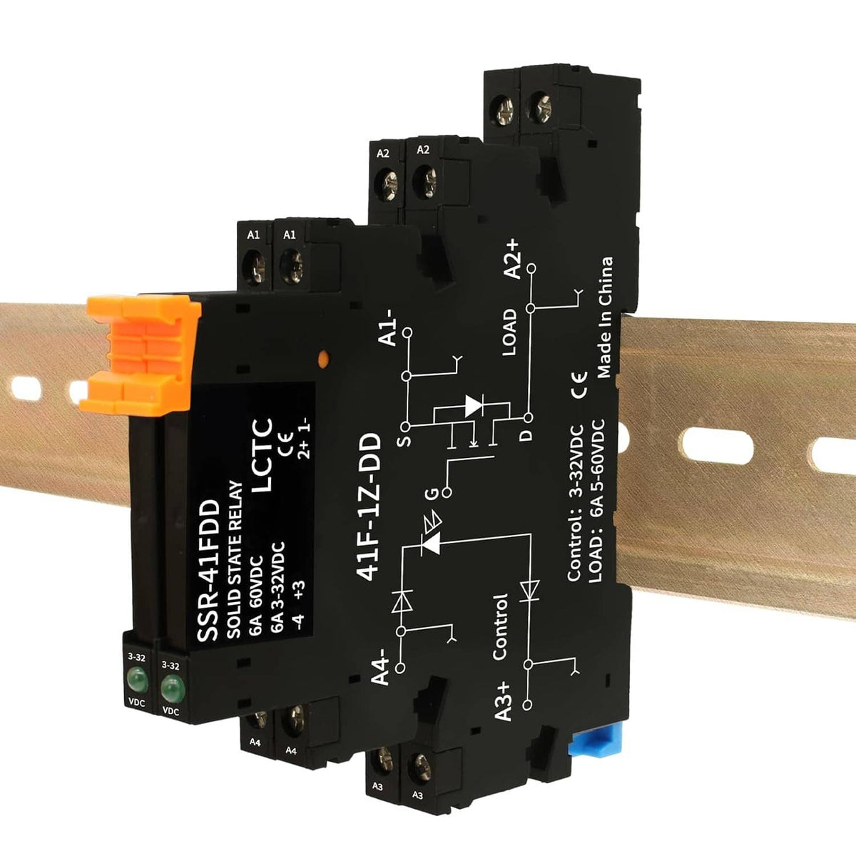 Black DIN-rail solid state relay with orange terminal blocks and screw connections.