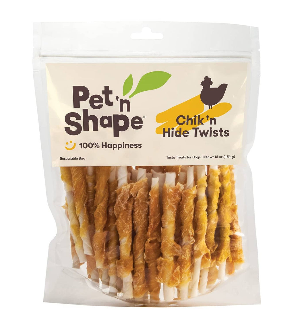 Dog rawhide twists wrapped with chicken, in a resealable bag, natural tan color.