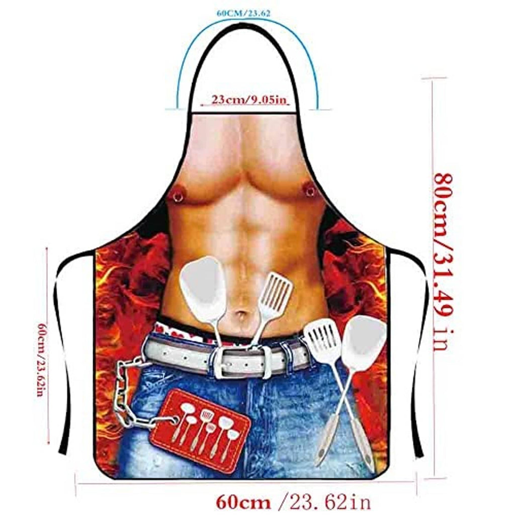 Novelty bib apron with fiery red-and-blue utensil print, adjustable neck strap