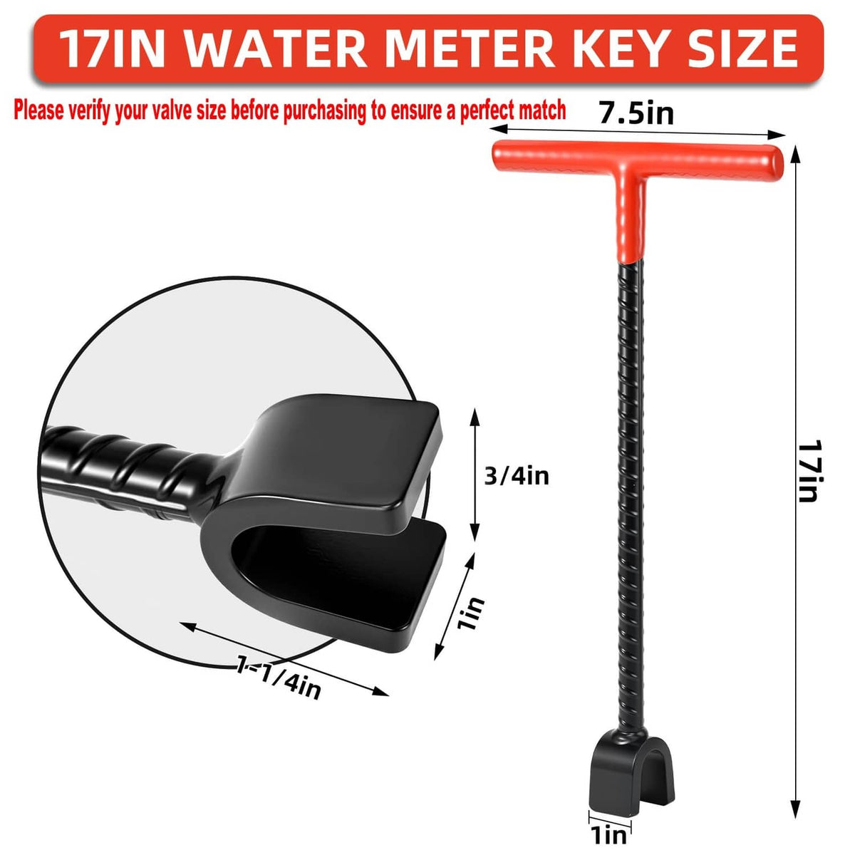 Water meter key size diagram with red handle, black 17 in shaft, and 1 in head