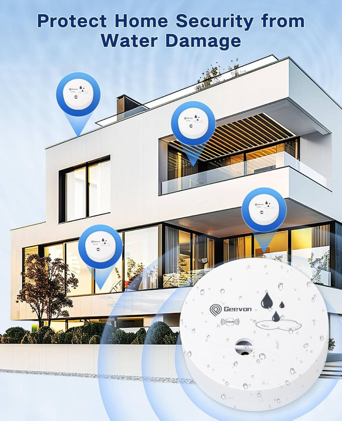 Geevon white water leak alarms on home exterior, multiple units with sensors