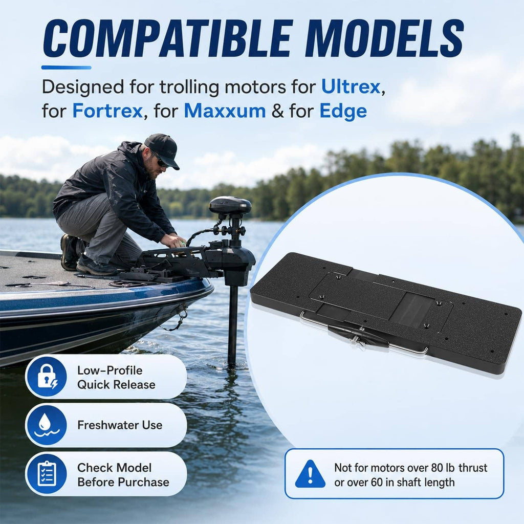 Black low-profile trolling motor quick-release bracket on boat deck