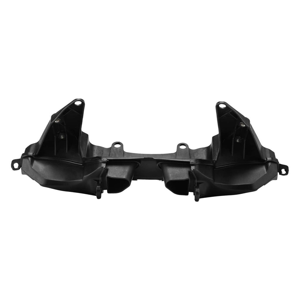 Black motorcycle headlight stay bracket from side angle with mounting tabs