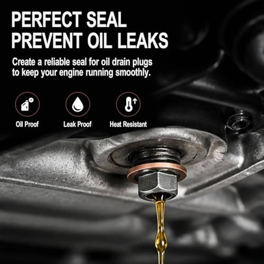 Oil drain plug crush washer on engine pan with copper washer and oil drip detail