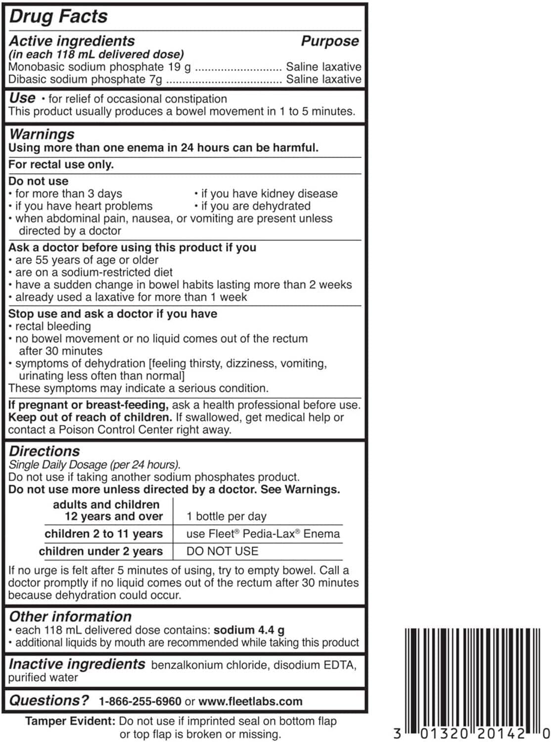 Back of Fleet saline enema box with Drug Facts and directions