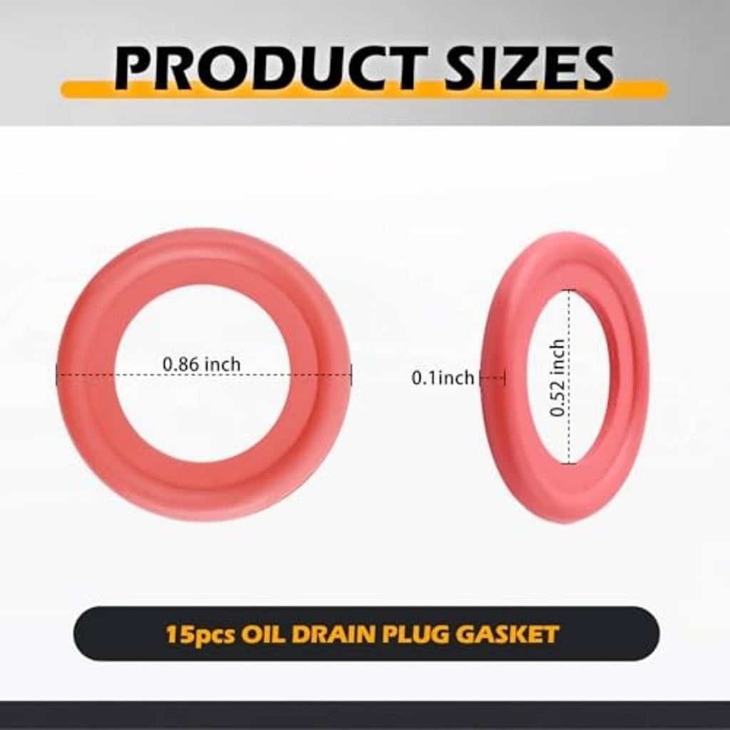 Red rubber oil drain plug gasket rings with size diagram (14mm)