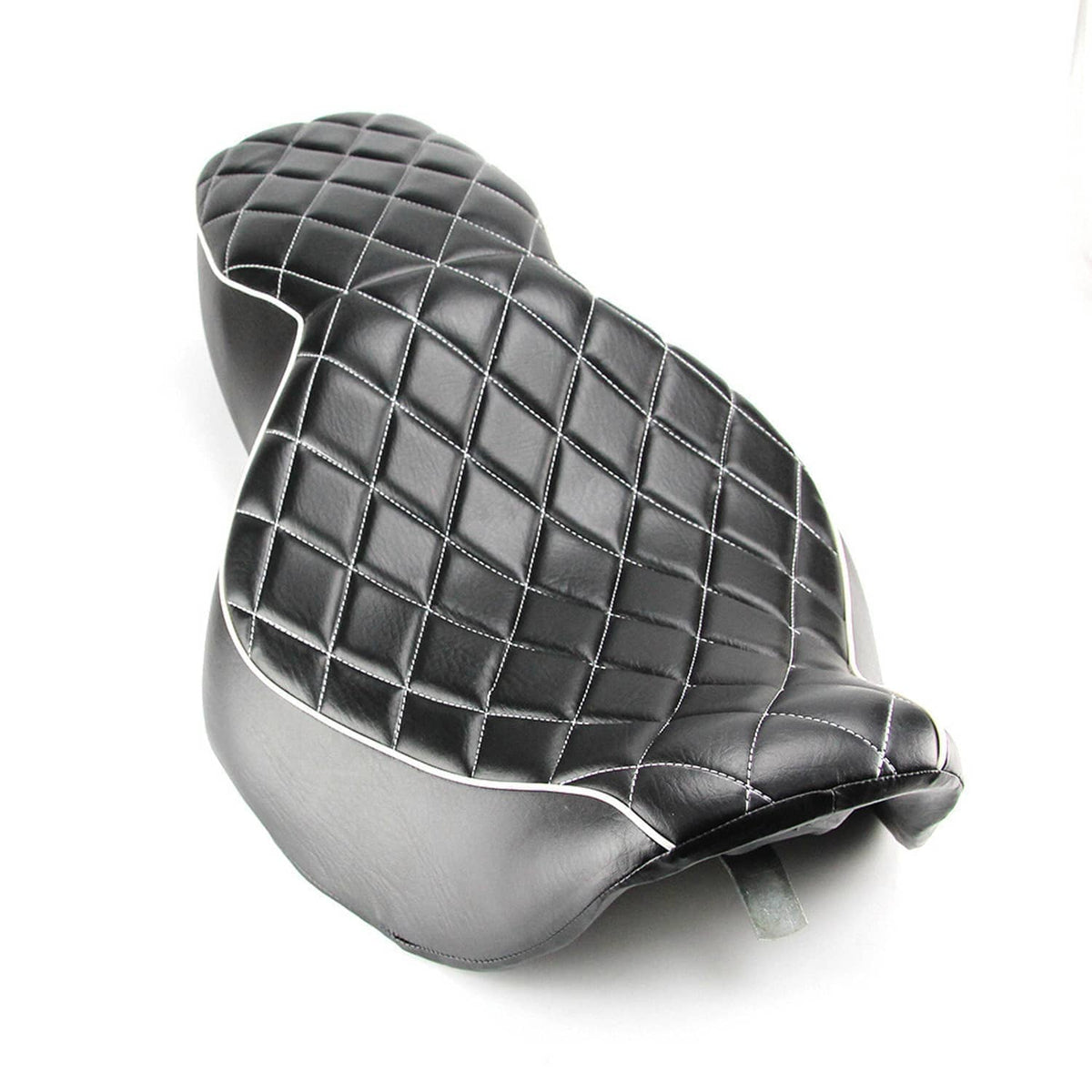 Two-up motorcycle seat corner view, black with diamond stitching and white piping