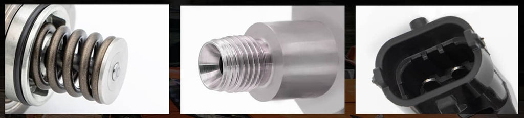 High pressure fuel pump details: spring close-up, threaded port, and electrical plug