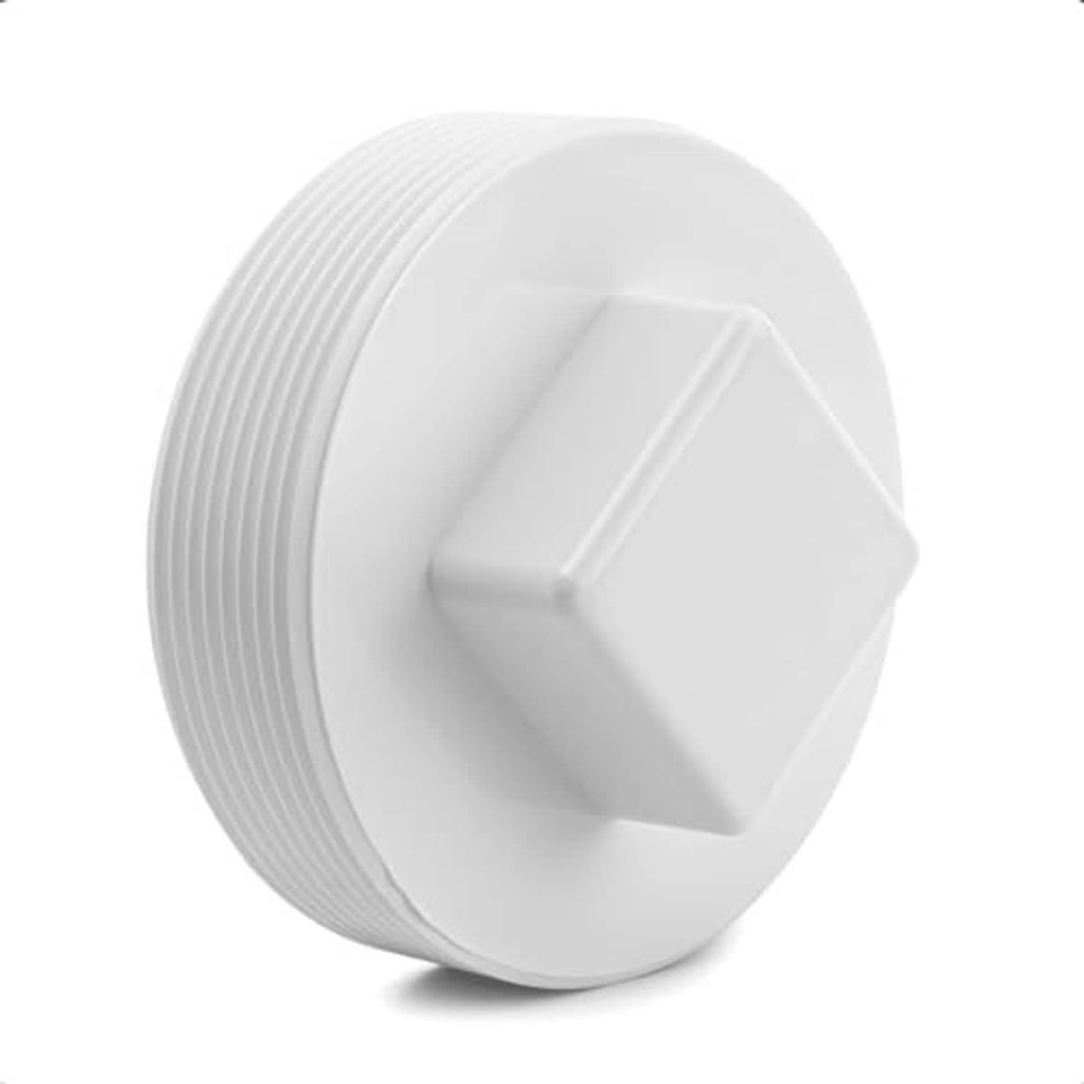 White PVC 6-inch sewer cleanout plug cap with ridged threaded exterior and square center