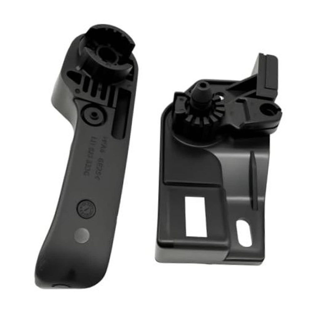 Black hood release grip handle and mounting bracket, side view.