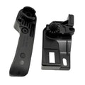 Black hood release grip handle and mounting bracket, side view.
