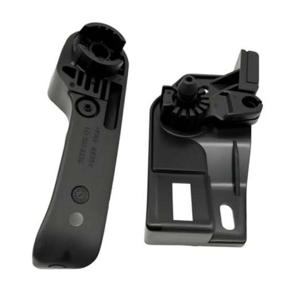 Black hood release grip handle and mounting bracket, side view.