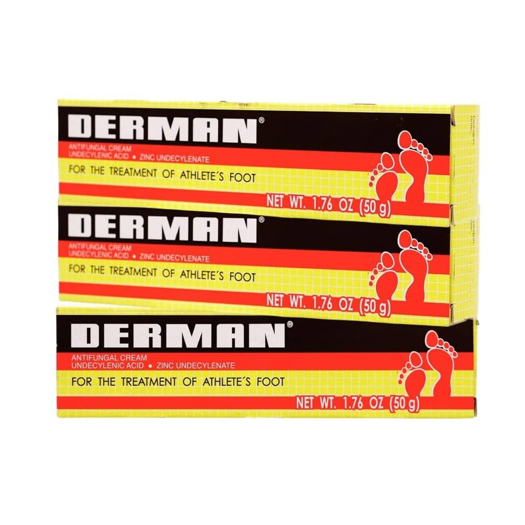 Derman antifungal cream for athlete's foot, three-pack box with red and yellow labels.