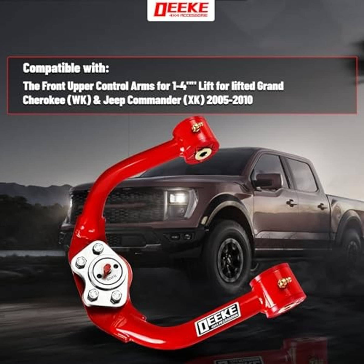 Red front upper control arm with ball joint mount and silver bracket