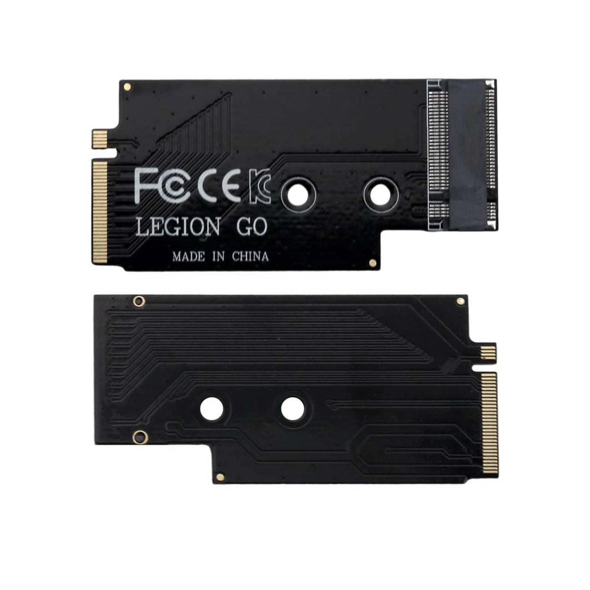 Front and back views of a black SSD adapter card with ribbon contacts