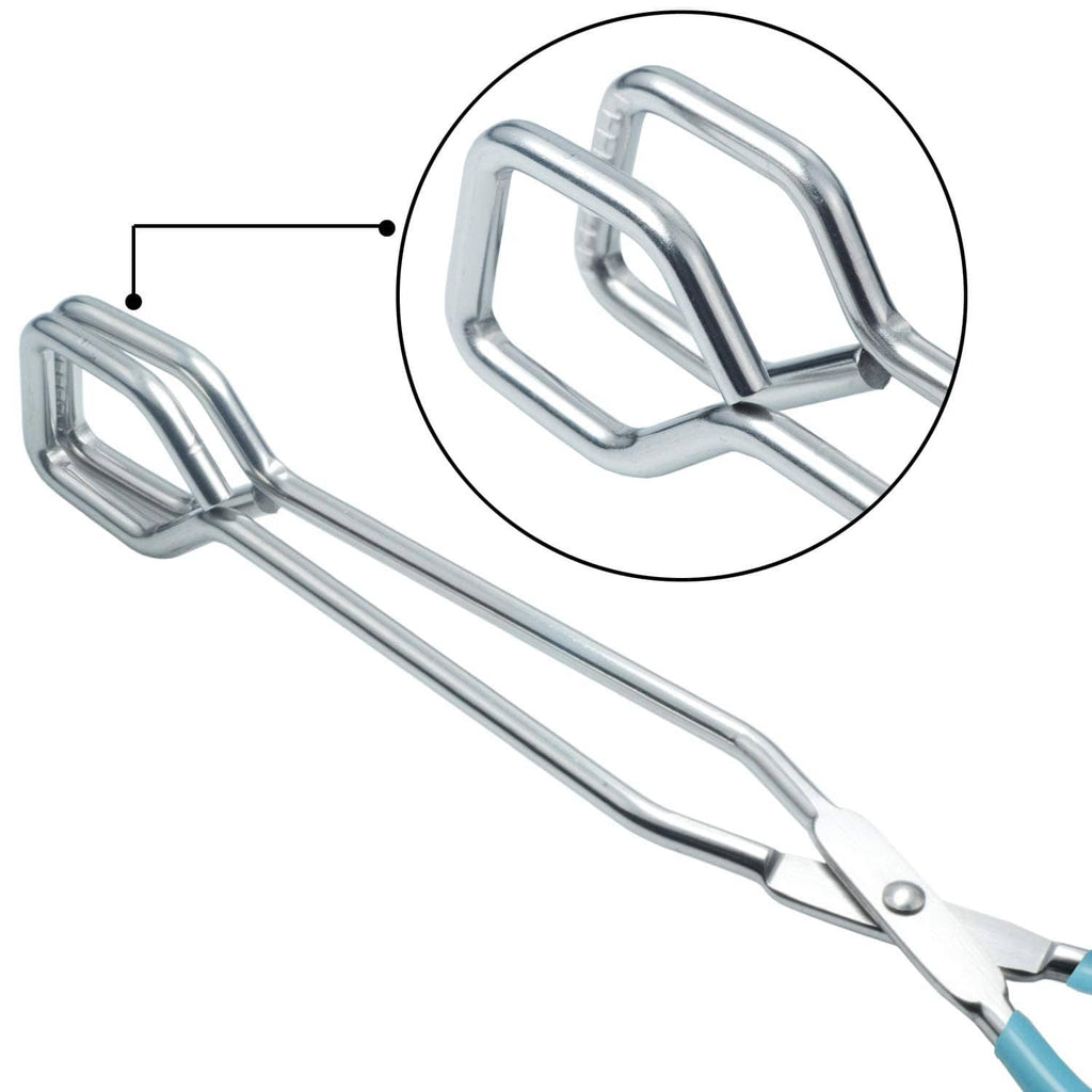 Scissor tongs end with stainless gripper and teal handle, close-up