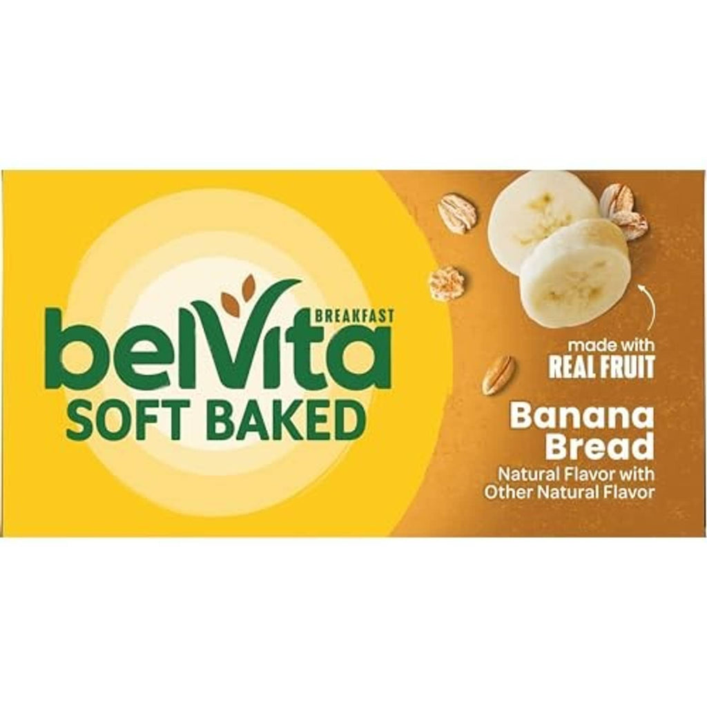 Belvita soft baked banana bread breakfast biscuits package front panel with fruit icons